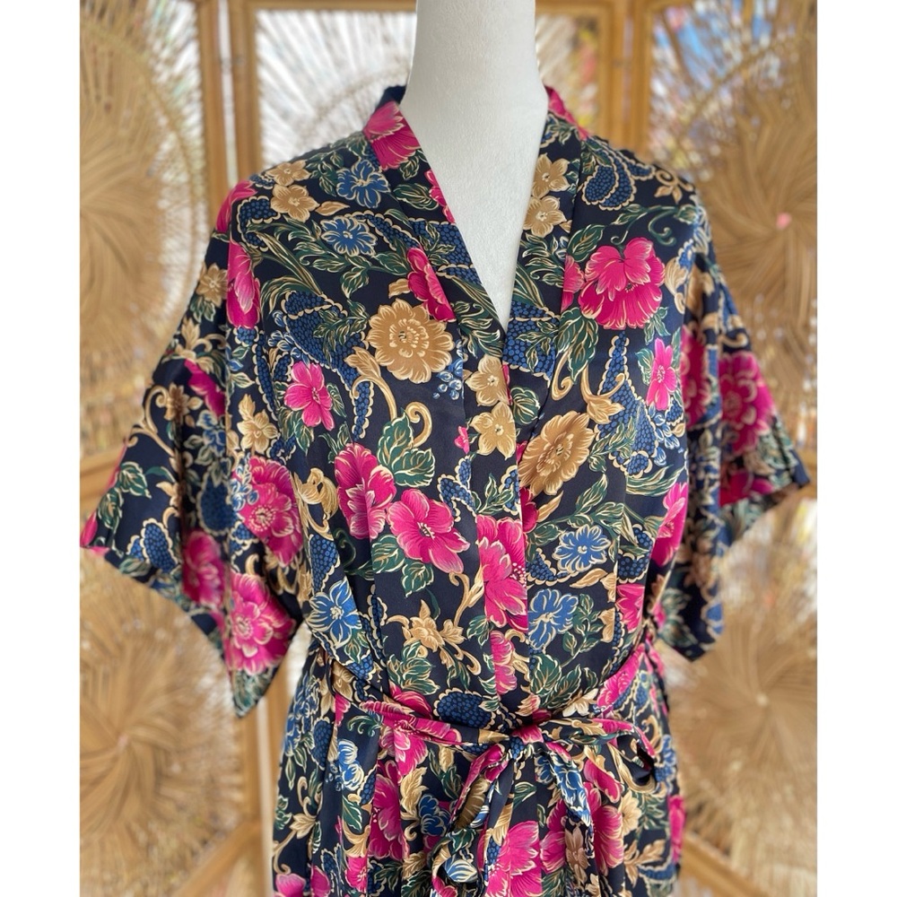 Vintage Cinema Etoile Sexy Silk Pink Floral Flower Print Lingerie Robe - Picture 2 of 8